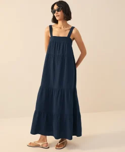 Women Pact Organic Coastal Double Gauze Strappy Tiered Maxi Dress